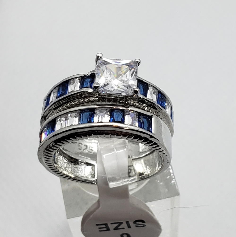 Saphire & cz ring set Gorgeous .925 stamped - Picture 1 of 6